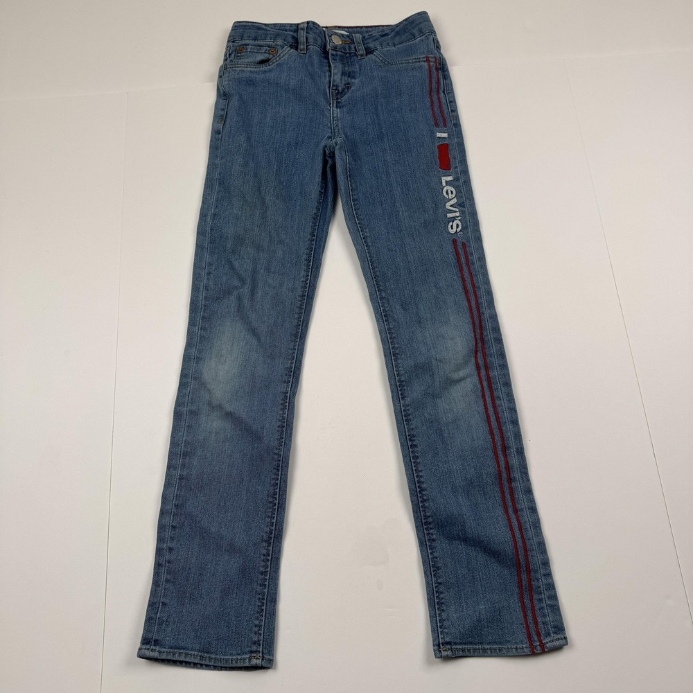 Levis Girlfriend Jeans Womens 8 (22x23) Blue Straight Leg Embroidered Red Stripe